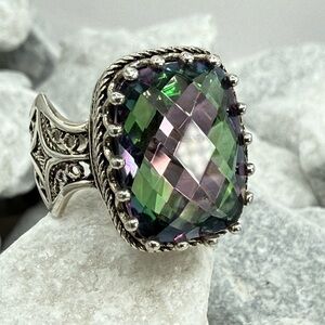 Rainbow Quartz Statement Ring 925 Sterling Silver Boho Filigree Sz 7.25  7.8gr